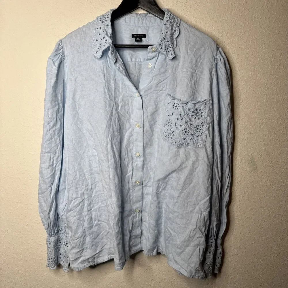Ann Taylor Embroidered Linen Blend Pocket Shirt, XXL